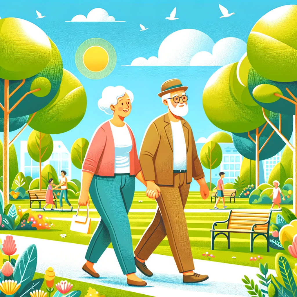 Create a bright and cheerful illustration of an elderly couple walking together in a park. The scene is vibrant and full of life, with a variety of trees, flowers, and a clear blue sky. The couple is holding hands, enjoying their time together in the great outdoors, embodying a sense of companionship and active aging. The park is lively with other people in the background, perhaps children playing or other walkers, adding to the atmosphere of a community enjoying a sunny day. The overall mood of the illustration should convey happiness, health, and the joy of staying active in older age.